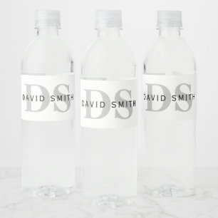 Modern Name & Monogram   White Black & Grey Water Bottle Label