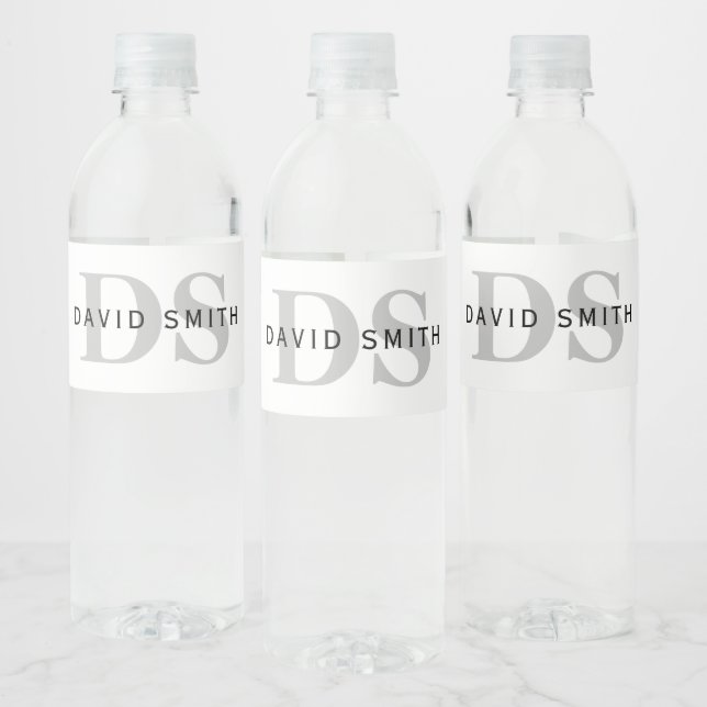 Modern Name & Monogram | White Black & Grey Water Bottle Label (Bottles)