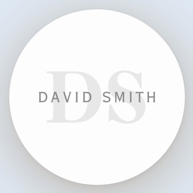 Modern Name & Monogram | White, Light & Dark Grey. Classic Round Sticker (Creator Uploaded)