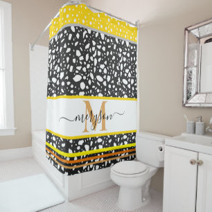 Modern Name & Monogrammed Black White Gold Shower Curtain