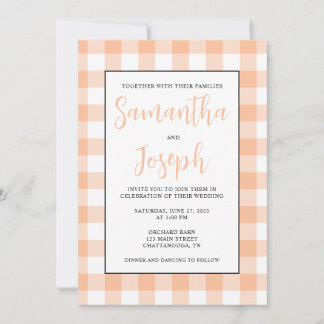 Modern Name Peach Gingham Country Wedding Invitation