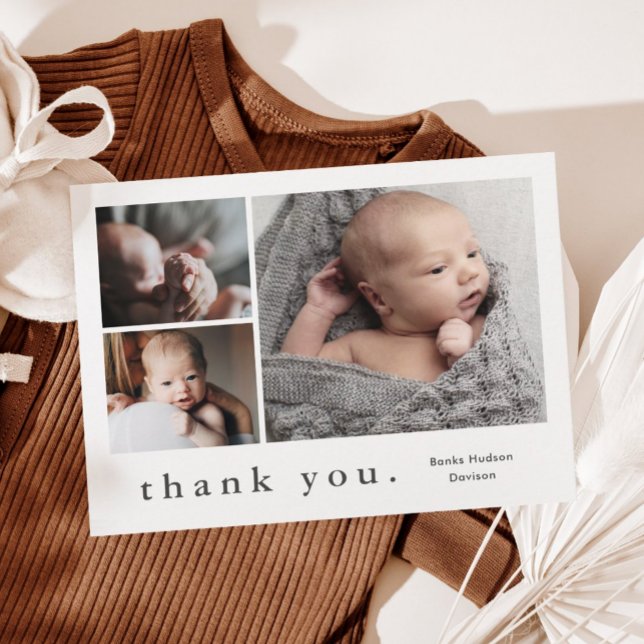 Modern Name Photo Collage Baby Thank You Card (Simple typography black and white 3 photo collage thank you magnetic card.)