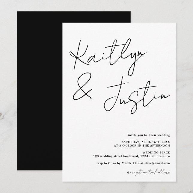 Modern name script calligraphy black white wedding invitation (Front/Back)