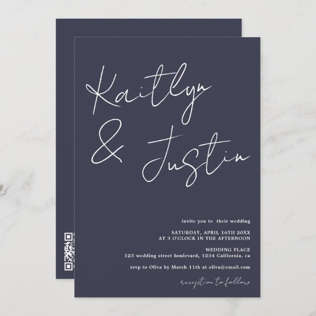 Modern name script calligraphy navy blue wedding invitation (Front/Back)