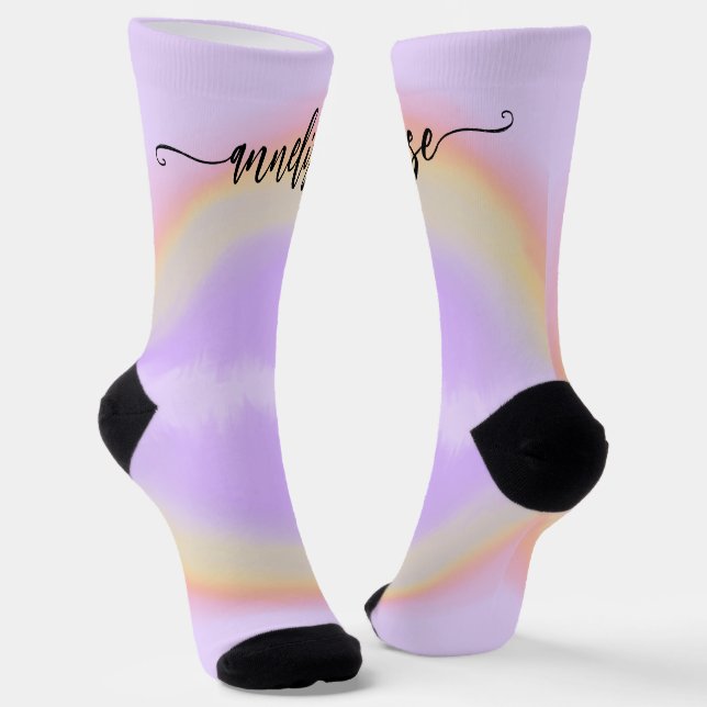 Modern name script personalised pastel rainbow socks (Angled)