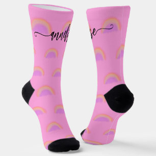 Modern name script personalised pink rainbow  socks