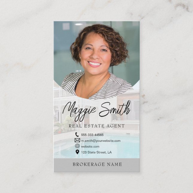 Modern Name Script Photo Real Estate Agent Busines Business Card (Front)