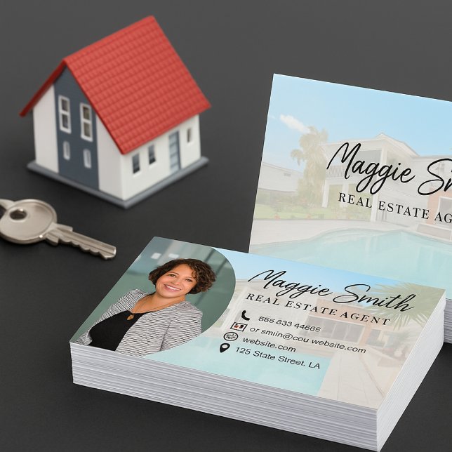 Modern Name Script Photo Real Estate Agent Business Card (Creator Uploaded)