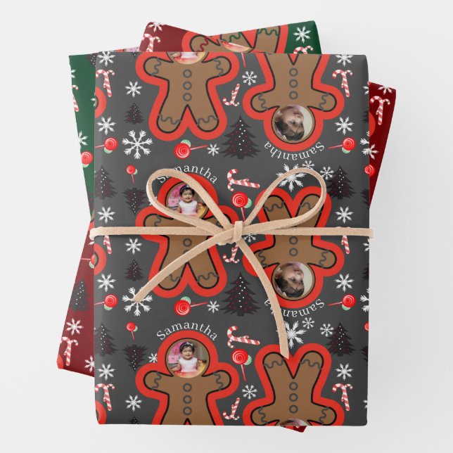 Modern Name Two photo Christmas Gingerbread Man 3  Wrapping Paper Sheet (In situ)
