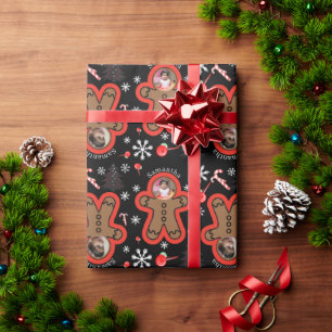 Modern Name Two photo Christmas Gingerbread Man Wrapping Paper