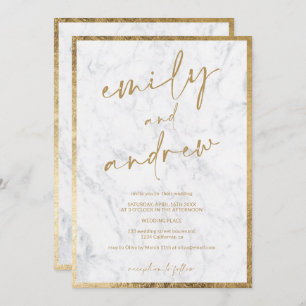 Modern names calligraphy gold marble chic wedding invitation