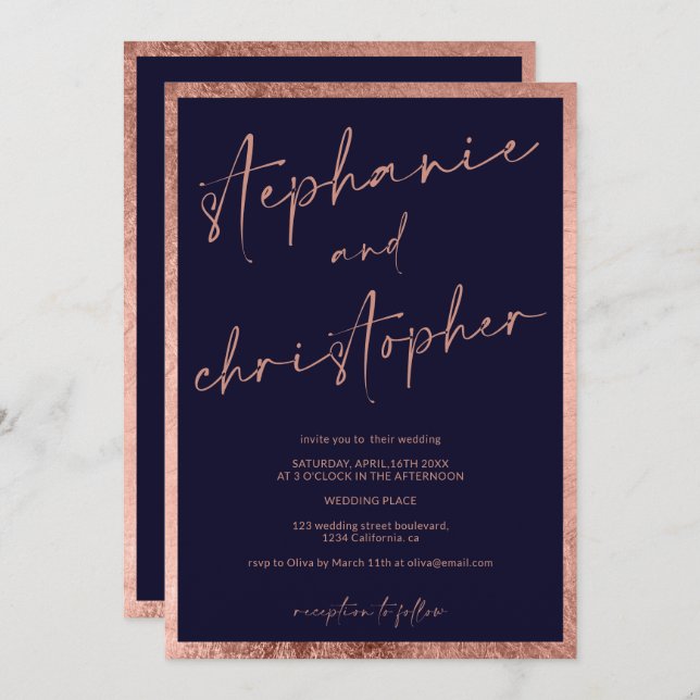 Modern names calligraphy rose gold blue wedding invitation (Front/Back)