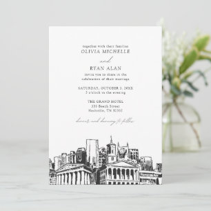 Modern Nashville Skyline Black & White Wedding Invitation