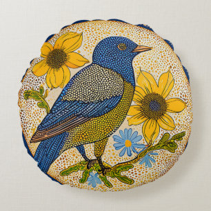 Modern Nature Bird with Patterned Style Floral Round Cushion