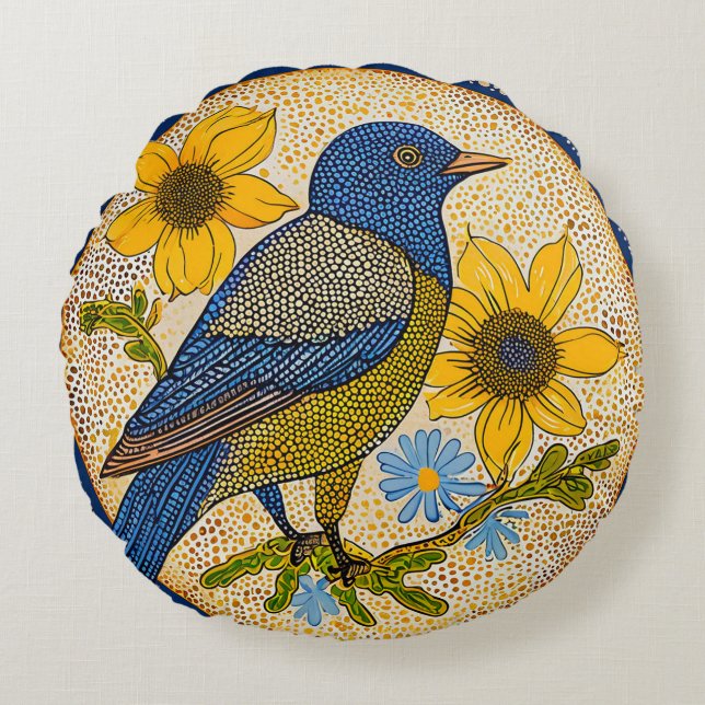 Modern Nature Bird with Patterned Style Floral  Round Cushion (Front)