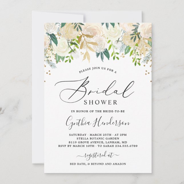 Modern Nature Green Gold Floral Bridal Shower Invitation (Front)