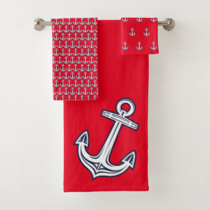 Modern Nautical Anchor  Bathroom Ocean Red Navy  Bath Towel Set