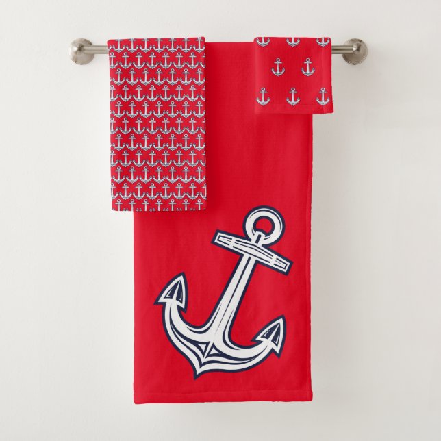 Modern Nautical Anchor  Bathroom Ocean Red Navy  Bath Towel Set (Insitu)
