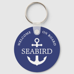 Modern Nautical Anchor Boat Name White Blue Key Ring