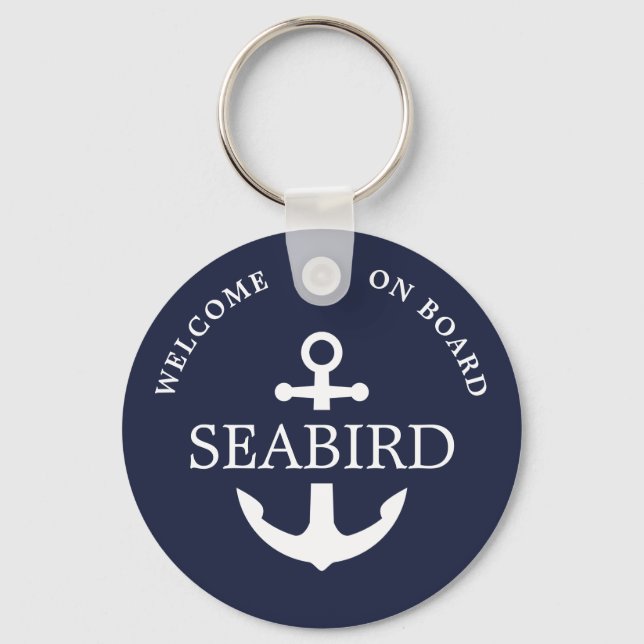 Modern Nautical Anchor Boat Name White Navy Blue Key Ring (Front)