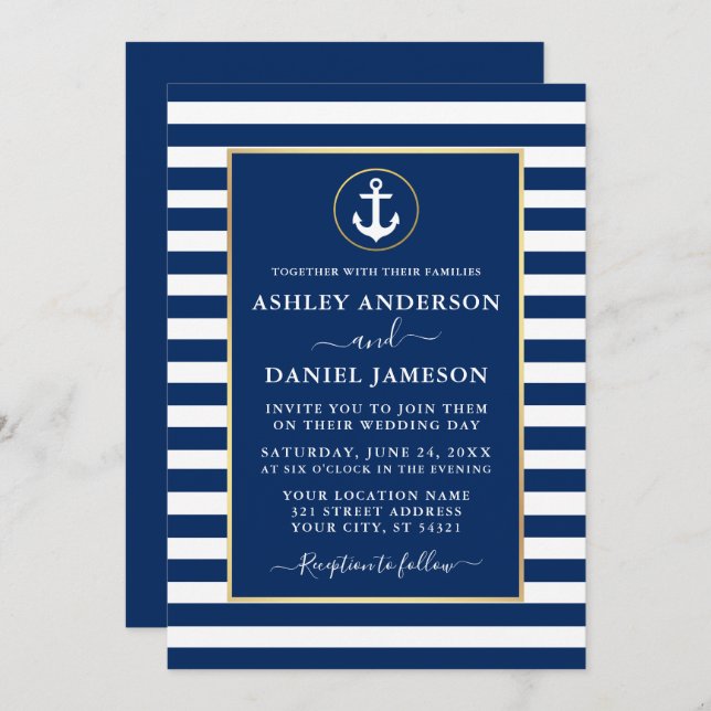 Modern Nautical Anchor Gold Blue Stripes Wedding Invitation (Front/Back)
