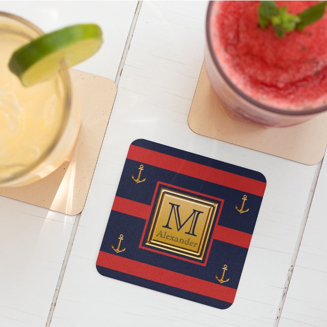 Modern Nautical Anchor Navy Blue Gold Red Monogram Square Paper Coaster (Creator Uploaded)