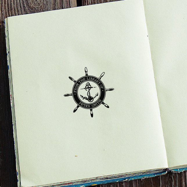 Modern Nautical Anchor Ship Wheel Library Book  Rubber Stamp (Creator Uploaded)
