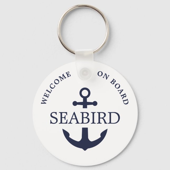 Modern Nautical Anchor Welcome Aboard Navy Blue Key Ring (Front)