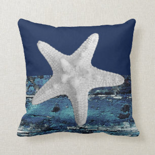 Modern Nautical Beach Navy Blue Starfish Cushion