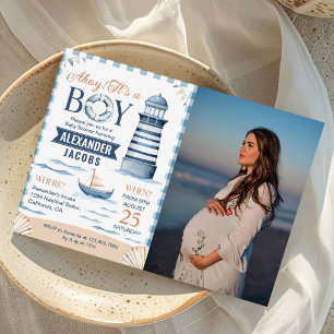 Modern Nautical Blue Baby Boy Shower Photo Invitation