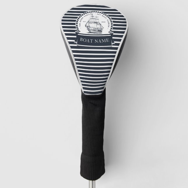 Modern Nautical Blue Boat Name Golf Head Cover (Front)