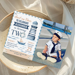 Modern Nautical Blue Boy 2nd Birthday Photo Invitation