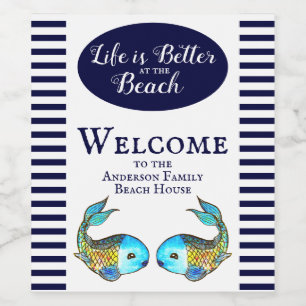 Modern Nautical Blue Fish Beach House Welcome Wine Label