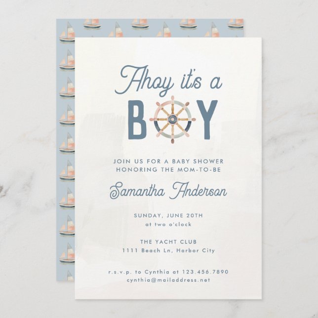 Modern Nautical Blue Pastel Boy Baby Shower Invitation (Front/Back)
