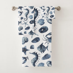 Modern Nautical blue starfish seahorse seashell Bath Towel Set