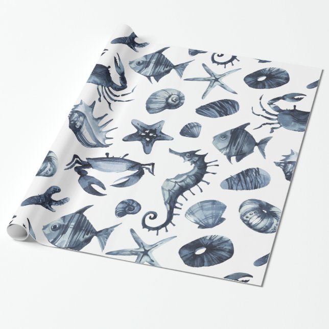 Modern Nautical blue starfish seahorse seashell Wrapping Paper (Unrolled)