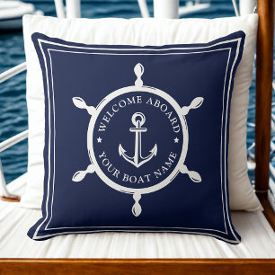 Modern Nautical Boat Name Anchor Welcome Aboard Cushion