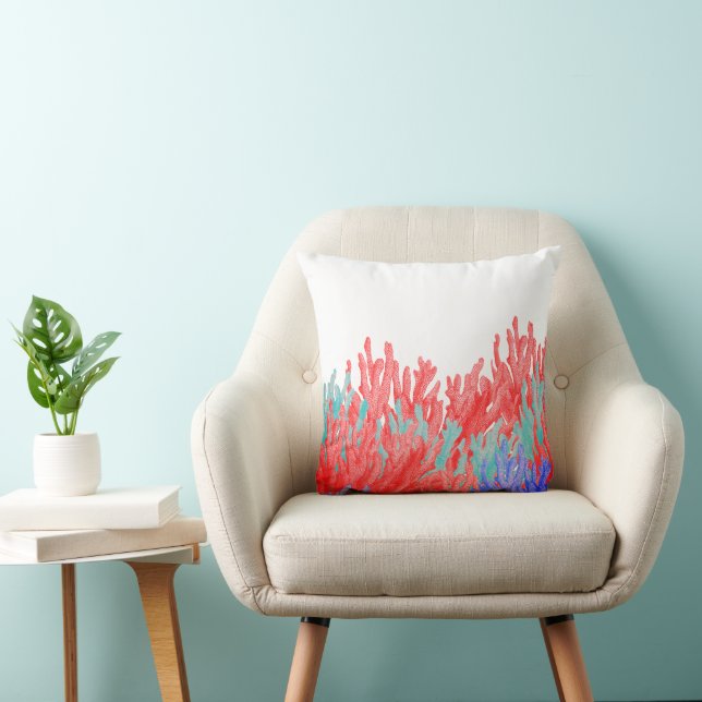 Modern nautical coral teal blue reef floral cushion (Chair)
