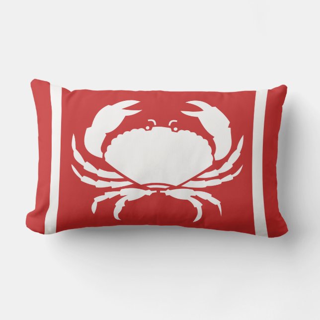 Modern Nautical CRAB White Red Outdoor Lumbar Cushion (Front)