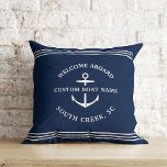 Modern Nautical Custom Boat Name Anchor Welcome Cushion<br><div class="desc">Nautical boating pillow in navy blue reading "welcome aboard" as well as your custom boat name and location within an anchor design.</div>