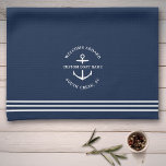 Modern Nautical Custom Boat Name Anchor Welcome Tea Towel<br><div class="desc">Nautical boating kitchen towel in navy blue reading "welcome aboard" as well as your custom boat name and location within an anchor design.</div>