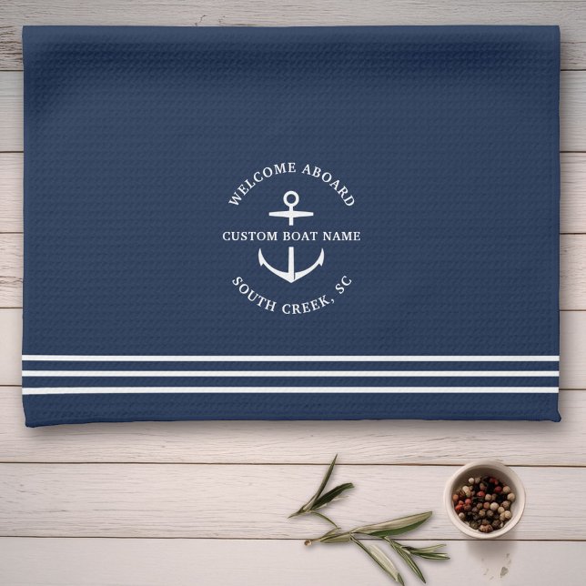 Modern Nautical Custom Boat Name Anchor Welcome Tea Towel (Creator Uploaded)