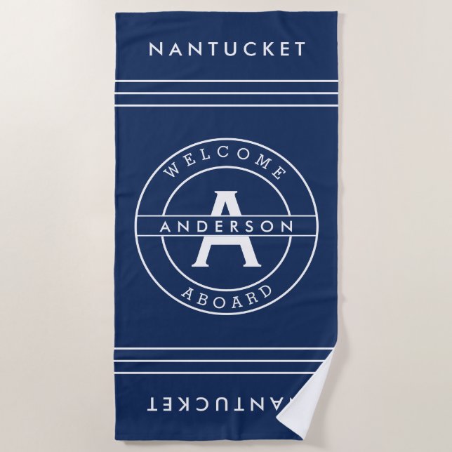 Modern Nautical Family Monogram Initial Typography Beach Towel (Front)