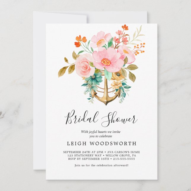 Modern Nautical Floral Anchor Bridal Shower  Invitation (Front)