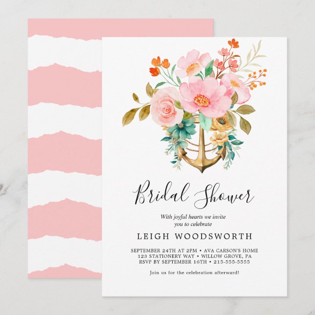 Modern Nautical Floral Anchor Bridal Shower  Invitation (Front/Back)