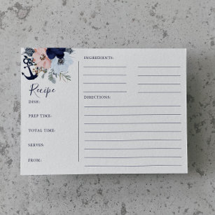 Modern Nautical Floral Anchor Shower Recipe Cards