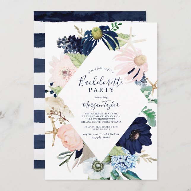 Modern Nautical | Floral Bachelorette Party Invitation (Front/Back)
