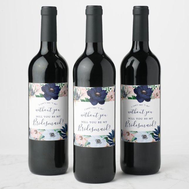 Modern Nautical | Floral Bridesmaid Proposal Wine Label (Bottles)