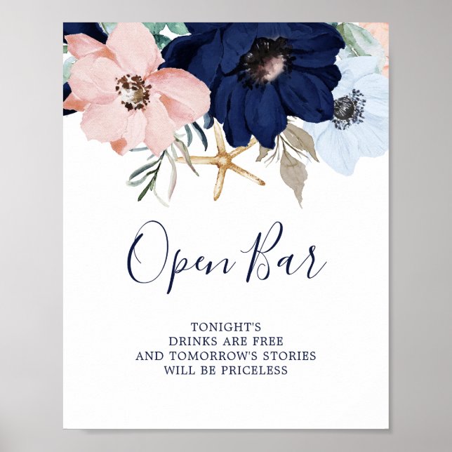 Modern Nautical | Floral Open Bar Sign (Front)