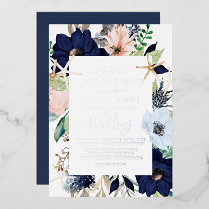 Modern Nautical Floral   Silver Foil Navy Wedding